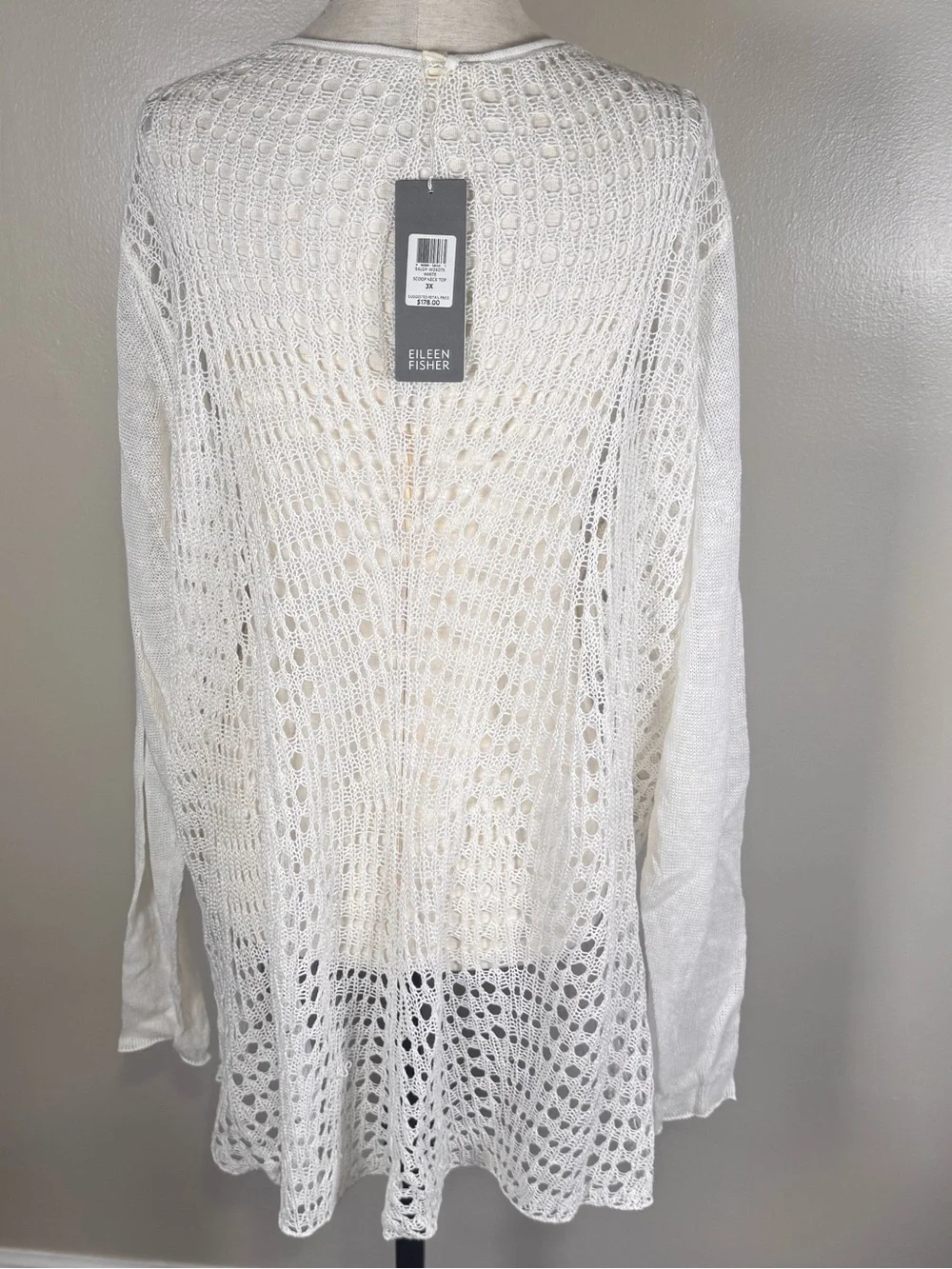 NWT Eileen Fisher Linen Sweater 3X White Crochet Minimalist Open Knit Pullover